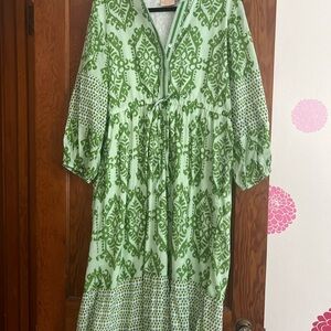 Green and White Ruffled Tiered Sundress with V-neck